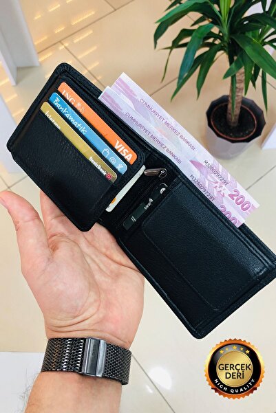 derius Jack Siyah Fermuar Bölmeli Hakiki Deri Kişiye Özel İsim Baskılı Erkek Cüzdanı(Bozuk Para Bölmeli)