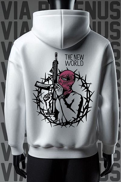 Vordevia Φούτερ New World 3 Thread White Hooded Wide Fit - Μπροστινό και Πίσω Τυπωμένο