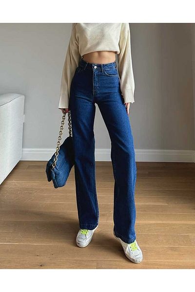 DRC trend Alya Gold 90s Denim albastru închis - Lycra largi, talie super înaltă, blugi foarte comozi