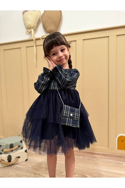 penu baby kids Fusta din tul bleumarin Rochie pentru fetiță în carouri - Cu Accesorii