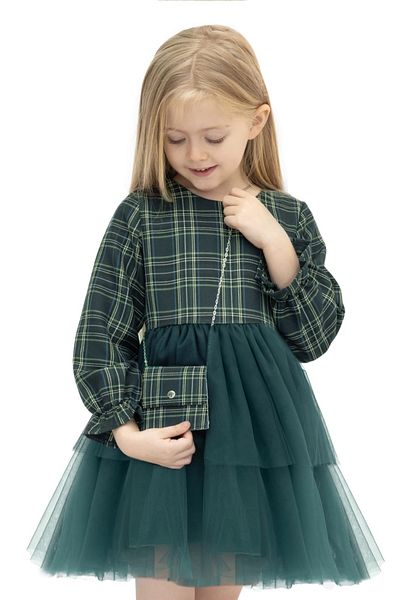 penu baby kids Rochie pentru fetiță în carouri cu fustă din tul verde - cu accesorii