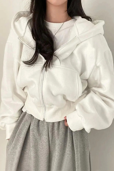 Violon Beyaz Kapüşonlu Kışlık Crop Hırka