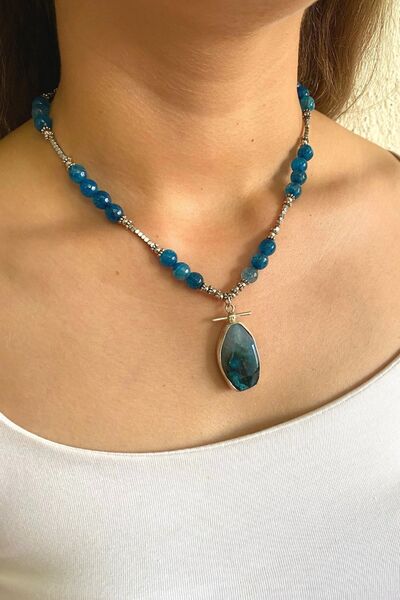 Suerte Accessories 925 Ayar Gümüş Okyanus Akik Ve Hematit Doğal Taşlı El Yapımı Özel Tasarım Doğal Taş Kolye