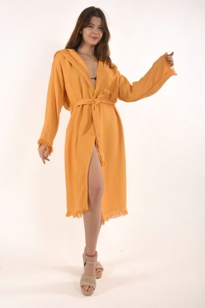 HİLAL COLLECTİON قفطان بغطاء للرأس من الخيزران الفسكوزي قطعة واحدة من رداء الحمام مع حزام قطني