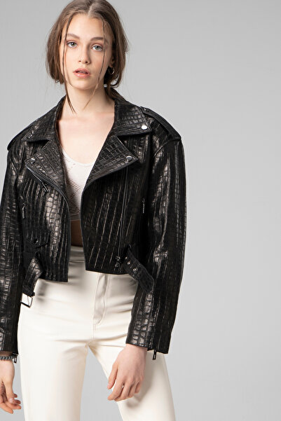 Dericlub H.QUINN Kadın Crop Biker Deri Mont