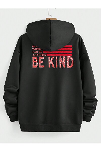 MODARİCH Be Kind Anything Black Cardigan - Oversize Hooded, Zippered Pocket D...