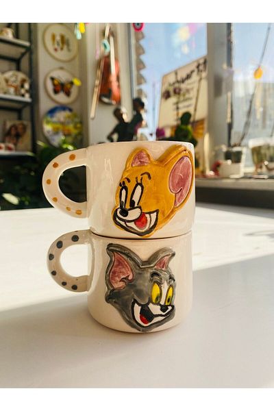 Banuart Tom and Jerry Patterned Ceramic Coffee Cup - Gift Handmade