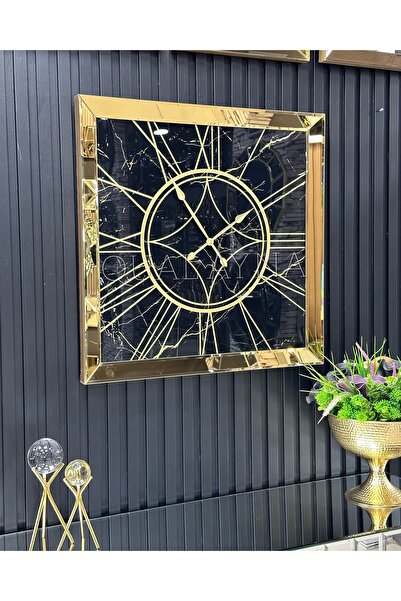 QUAL 70*70 cm Gold Mermer Desenli Aynalı Saat