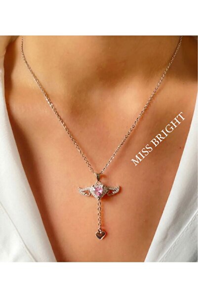 MISS BRIGHT قلادة من الفولاذ بأجنحة الملاك المتحركة باللون الفضي