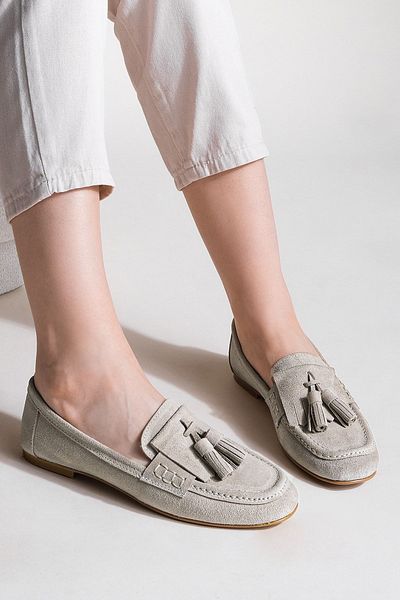 Marjin Women's Genuine Leather Tassel Loafer Casual Shoes Vingo Beige
