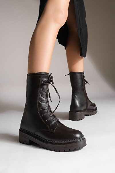 Marjin Γυναικείες μπότες από γνήσιο δέρμα με φερμουάρ και κορδόνια με οδοντωτή σόλα Casual μπότες Kariva Brown