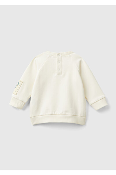 United Colors of Benetton Ecru Baby Sweatshirt - Ohrenverzierung, Geknöpfter Rücken, Rundhalsausschnitt