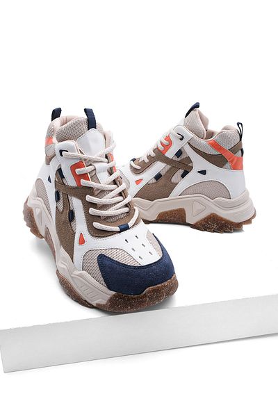 Marjin Women's Sneakers Thick Sole Ankle Lace-Up Sports Shoes Punes Navy Blue