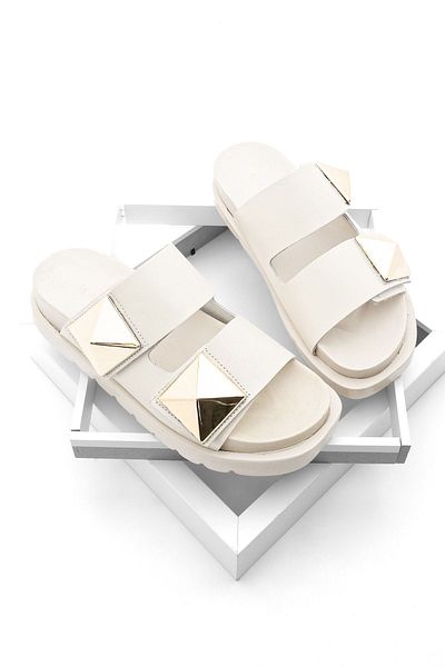 Marjin Women's Genuine Leather Daily Buckle Velcro Slippers Foil Ecru