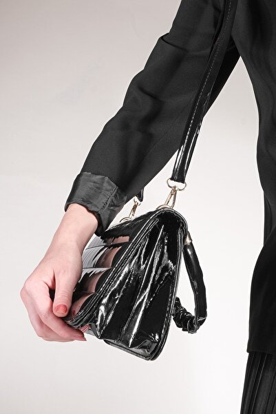 Marjin Women's Hand&Shoulder Bag Crossbody Bag Length Black Patent Leather