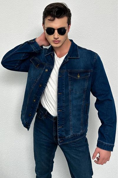HLT JEANS Ανδρικό τζιν σκούρο μπλε - 100% βαμβάκι, τζιν μπουφάν με τσέπες και κουμπιά Hlthe 042110