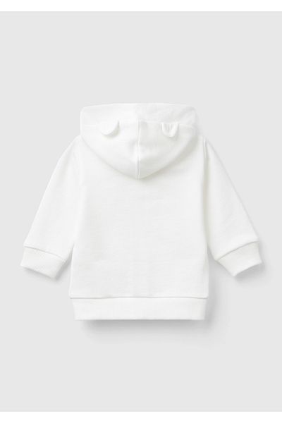 United Colors of Benetton Baby White Chest Rabbit Logo Embroidered Eared Hooded Sweatshirt