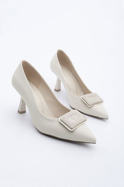 Marjin Women's Pointed Toe Buckle Thin Heel Classic Heeled Shoes Elsem Ecru