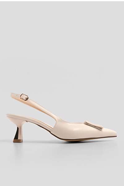 Marjin Women's Pointed Toe Buckle Open Back Classic Heeled Shoes Elka Ecru