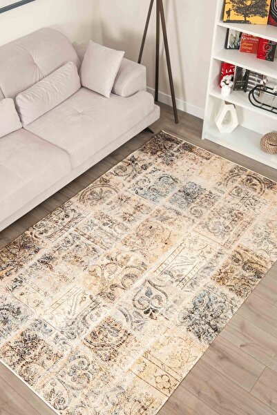 Serente Home Etnik Desenli Yıkanabilir Kaymaz Taban Şönil Bej Salon Halısı 4001