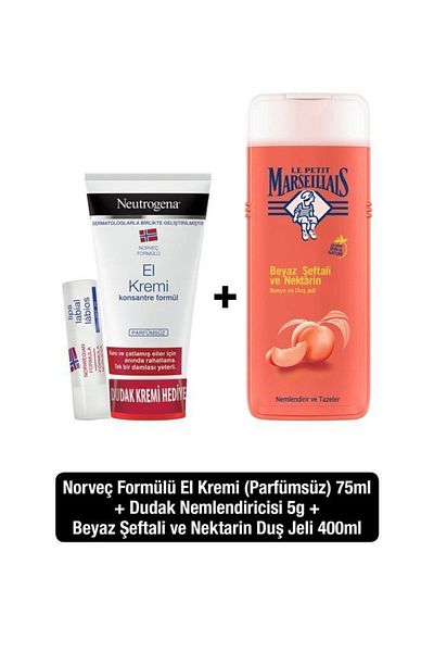 Neutrogena Norwegian Formula Perfume-Free Hand Cream + Neutrogena Lip Balm + LPM Shower Gel Peach 400 ml