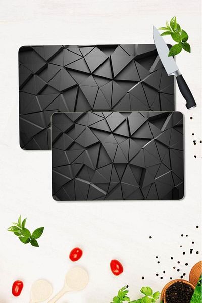 Saban Set of 2 30x40 Cm and 20x30 Cm Black Triangles Patterned Glass Cutting Plate and Stove Protection