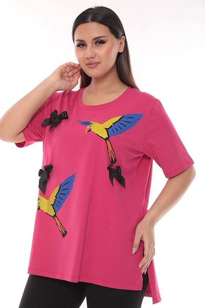 AKGHOME AKG BIRD DETAILED PINK LONG WOMEN T-SHIRT
