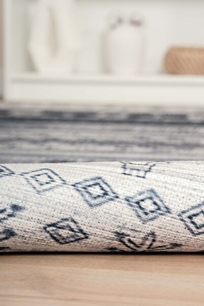 Serente Home İskandinav Desenli Yıkanabilir Kaymaz Taban Mavi Şönil Antre Halısı 4078
