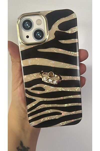 By Semra İPHONE 14 UYUMLU ZEBRA DESEN TAŞLI YÜZÜKLÜ SLİKON KILIF GOLD ÇERÇEVE