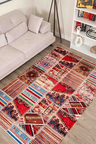 Serente Home Patchwork Desenli Yıkanabilir Kaymaz Taban Şönil Kırmızı Mutfak ...