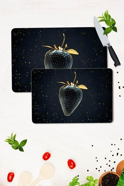 Saban Set of 2 30x40 Cm and 20x30 Cm Gold Strawberry Patterned Glass Cutting Plate and Stove Protection