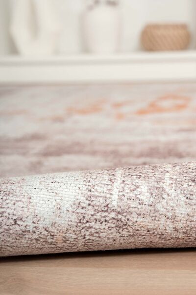 Serente Home Abstract Desenli Yıkanabilir Kaymaz Taban Kırık Beyaz Bej Şönil Salon Halısı 4087