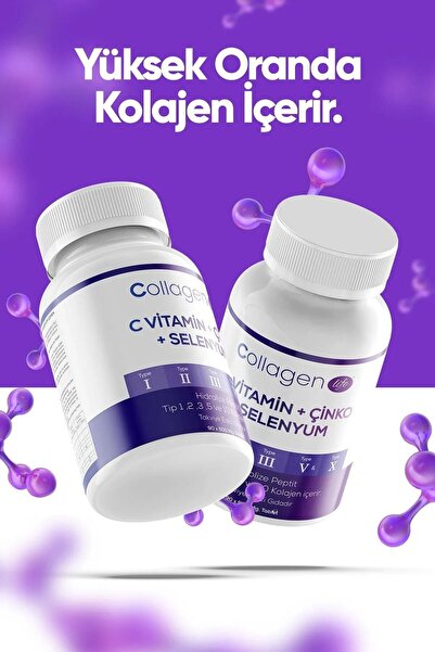 COLLAGEN LIFE 2'li Fırsat; 5 Tip Kolajen Tip 1 Tip 2 Tip 3 Tip 5 Tip 10, Selenyum , C Vitamini Ve Çinko 180 Tablet