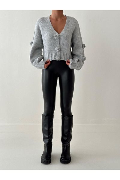 fujya Rose Embroidered Pink Snap Balloon Sleeve Knitwear Cardigan