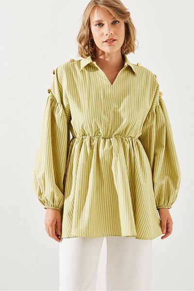 Bianco Lucci Gestreifte Mini-Tunika mit V-Ausschnitt, Schulterknöpfe und elastische Taille 60251126