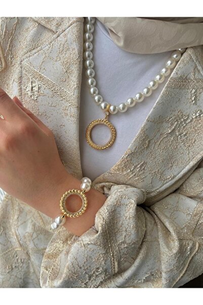 ENT COLLECTİON TAM ALTIN UYUMLU DORİKA MODEL NCİLİ KOLYE - YARIM ALTIN UYUMLU İNCİLİ BİLEKLİK SET (12MM)