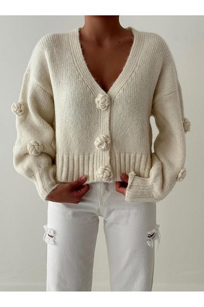 fujya Balloon Sleeve Rose Embroidered Knitwear Cardigan