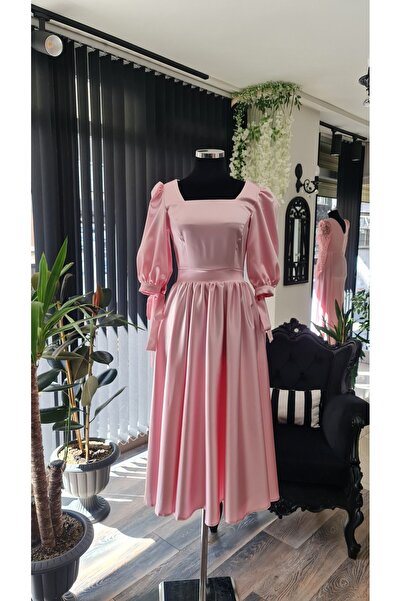 makbuleofficial Pembe Saten,Karpuzkol,Büzgülü,Kare Yaka ,Midi Boy Söz Nişan Mezuniyet Elbisesi
