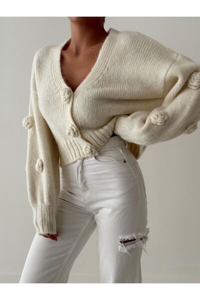 fujya Balloon Sleeve Rose Embroidered Knitwear Cardigan