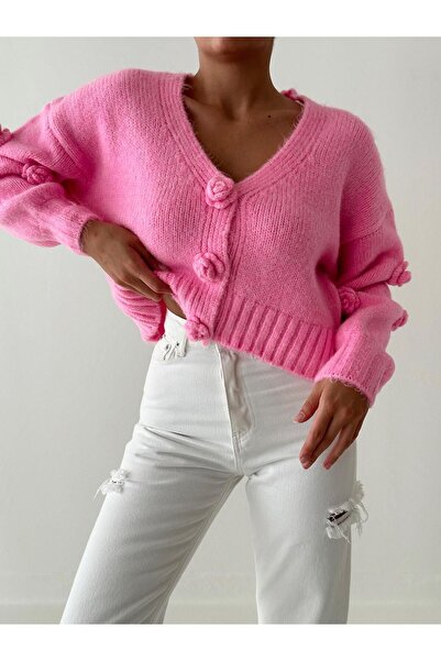 fujya Cardigan tricotaj cu mânecă cu balon, brodat cu trandafiri