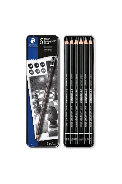 Staedtler Mars Lumograph Black Graduated Pen Set of 6 Metal Box