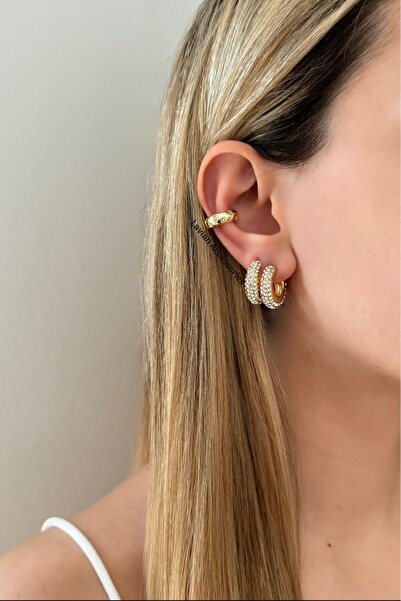 Lavian Accessories Gold Renk Zirkon Taşlı Halka Küpe