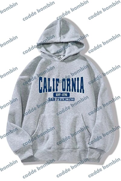 caddekombin Califor Ornia 1776 - Gray Printed Oversize Winter Sweatshirt