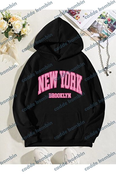 caddekombin Hanorac negru oversize cu imprimeu Brooklyn - Design gros de iarnă
