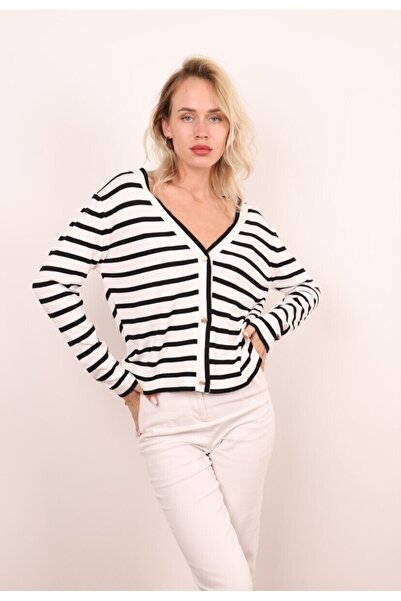 Butik Şans JM Button Closure Striped V-Neck Knitwear Cardigan