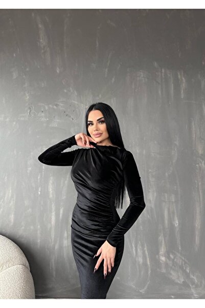 Love Fab Rochie midi din catifea cu guler asimetric