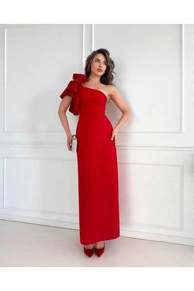 Afiş Butik One Shoulder Red Rose Brooch Slit Detailed Long Dress