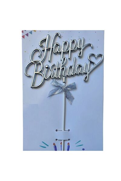 parti sürprizi Gümüş Renk Kalpli Happy Birthday  Pasta Süsü