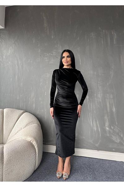 Love Fab Rochie midi din catifea cu guler asimetric