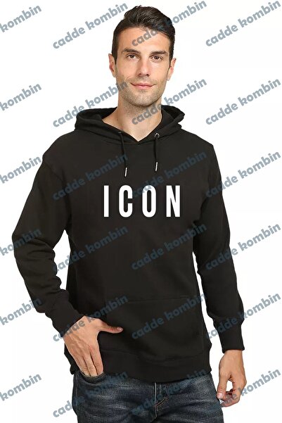 caddekombin Μοτίβο εικονιδίων σε μαύρο χρώμα με κουκούλα και στάμπα στο στήθος